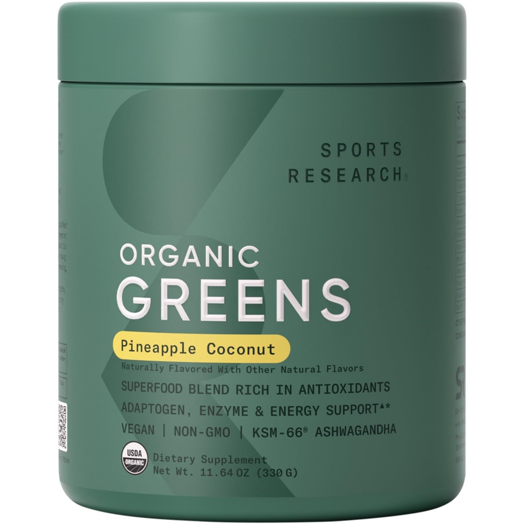 Sports Research ® Organic Green Superfood Powder w / Spirulina, Chlorella, Adaptogens, Enzymes, Probiotika & 8 VIT Bs til Gut & Mood Support * - Vegan, Sugar- Free & Low- Cal Ananas Coconut 30 Servere