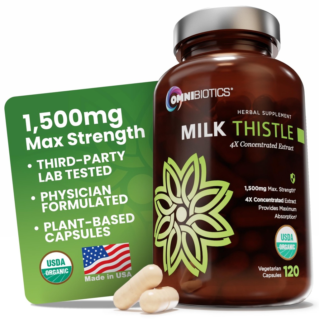 OmniBiotics Organic Milk Thistle Supplement 1500mg - 4X koncentreret ekstrakt med Silymarin - høj potens lever Detox & Support - 120 Veganske kapsler