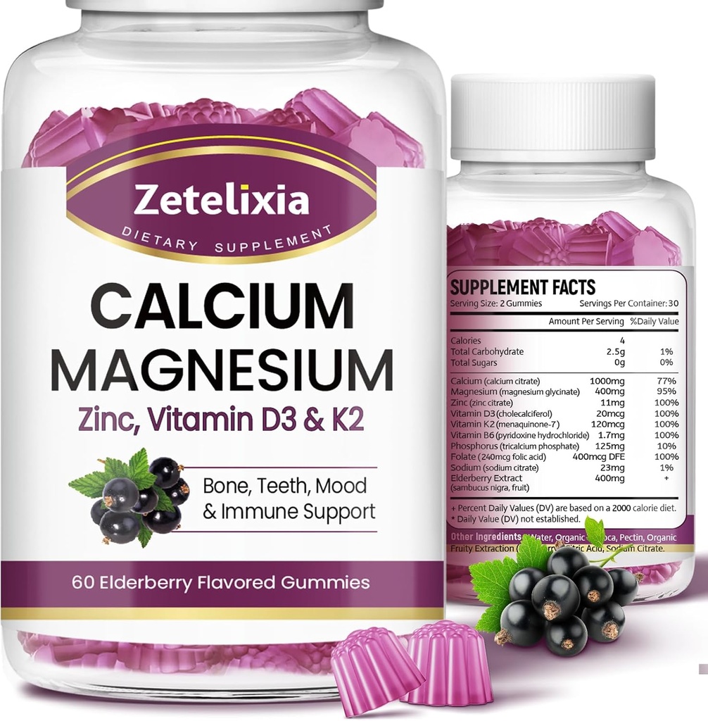 Calcium Gummier med D3, Calcium Magnesium tillæg med Glycinat, Kalium, Vitamin D3 & K2, & Hele naturlige fødevarer til ben & immunsupport- 120 Chewable Gummy Elderberry Flavor