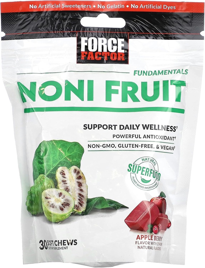 FORCE FACTOR Noni frugt tykkere for immunitet og hud sundhed støtte, Noni Juice supplement, Plant- baserede antioxidant Superfood tykkere, Gluten- fri, & Vegan, Apple Berry Flavor, 30 bløde tykkere
