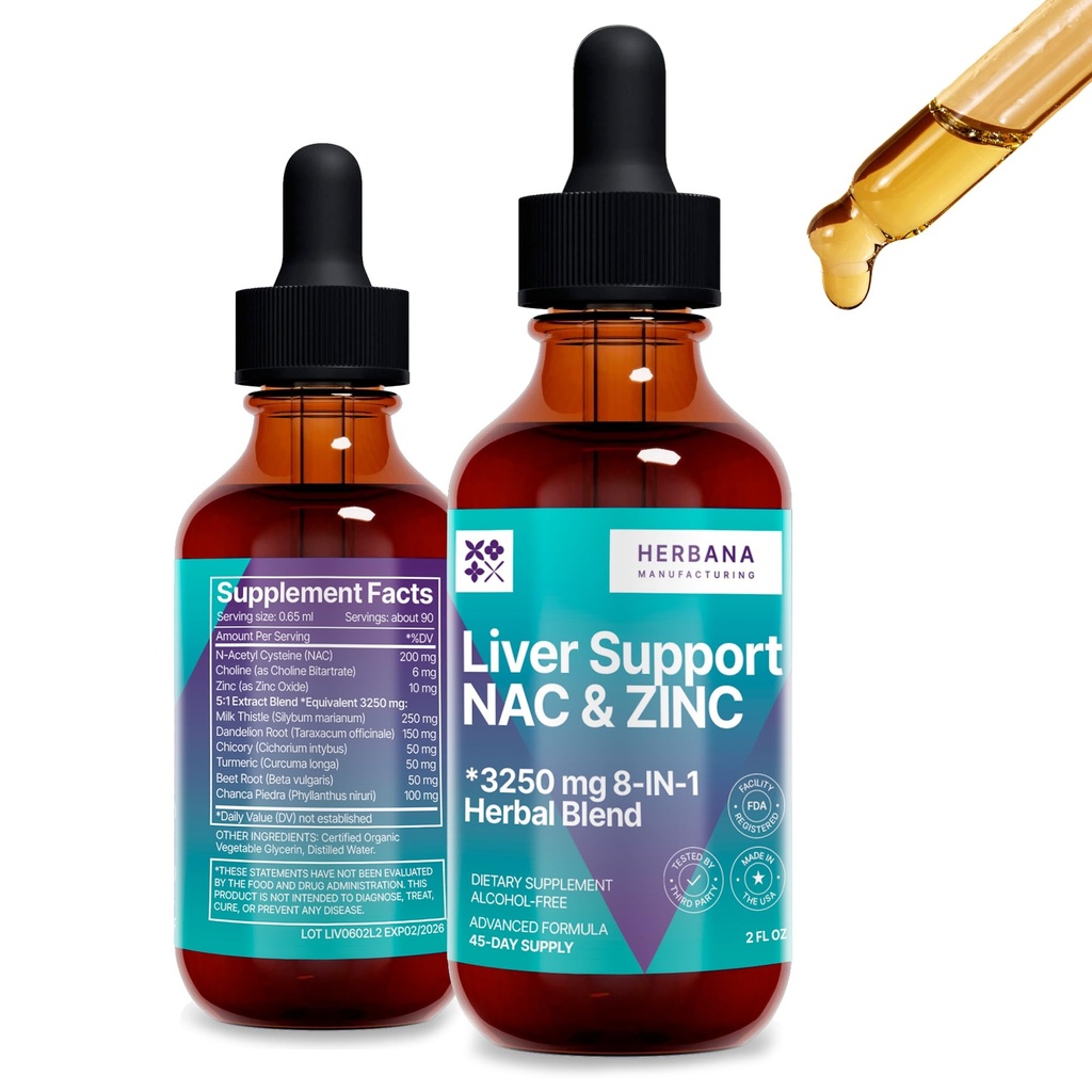 Leverstøtte & NAC, Zink - 2 fl oz Flydende dråber med mælk tidsel, Mælkebøtte Root, Chicory, Gurkemeje, Beet Root, Chanca Piedra - Lever Rengøring & Detox supplement