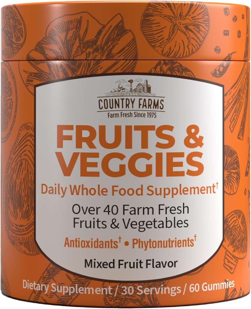 LAND FARMS Frugter og Veggies Gummies, med over 40 Farm Friske Frugter & Grøntsager, pakket med kraftfulde antioxidanter, (Spirulina, Blåbær, Svampe), Daglig hel kosttilskud, Pectin baseret,