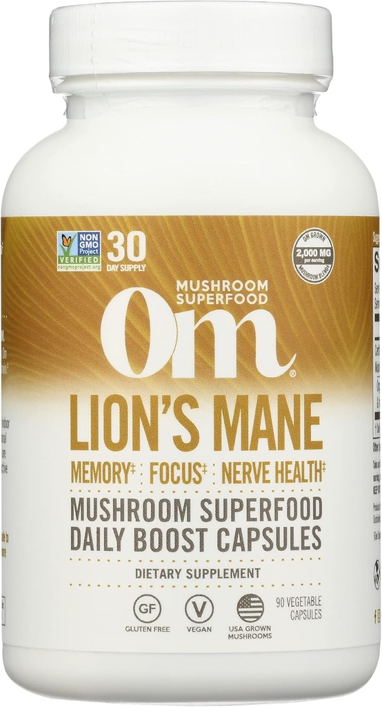 Om Mushroom Superfood Lions Mane Mushroom Capsules Supplement, Fruit Body & Mycelium Nootrop for Memory Support, Focus, Clarity, Nerve Sundhed, Kreativitet & Mood, 90 Capsules