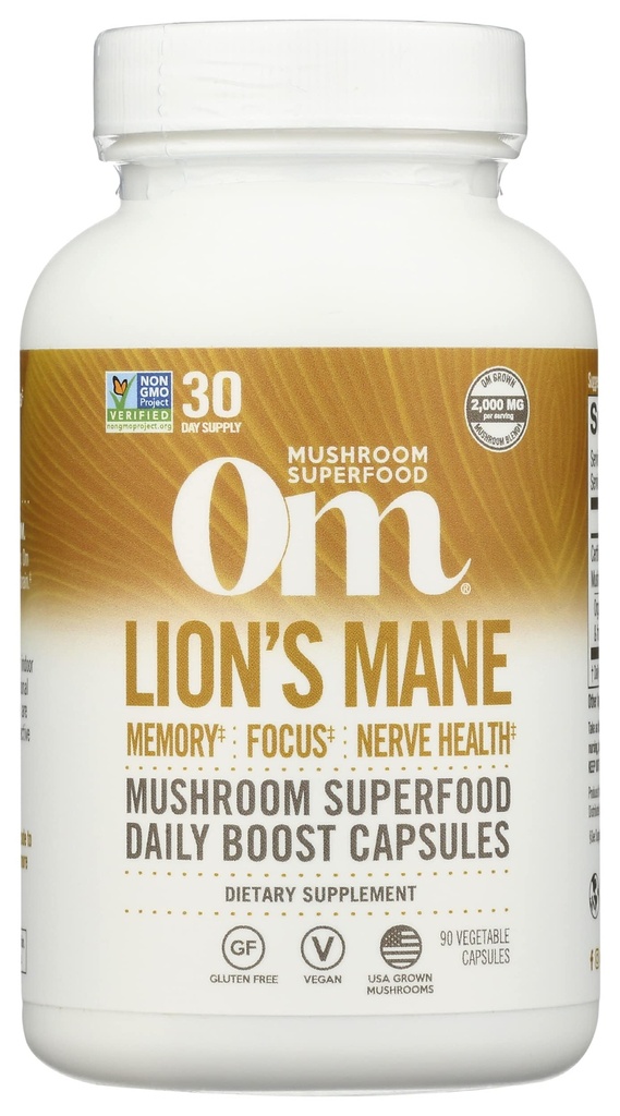 Om Mushroom Superfood Lions Mane Mushroom Capsules Supplement, Fruit Body & Mycelium Nootrop for Memory Support, Focus, Clarity, Nerve Sundhed, Kreativitet & Mood, 90 Capsules
