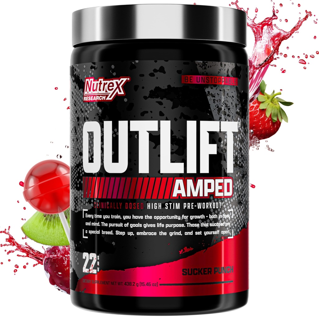 OUTLIFT Amped Max Dosed HØJT STIM Pre Workout Powder, 6G Citrullin, 3.2G Beta alanine, Alpha GPC, CognatiQ, Extreme Energy, Massive Pumper, Styrke, Elektrolytter, Nootropics, Frugt Punch, 22 Serveringer