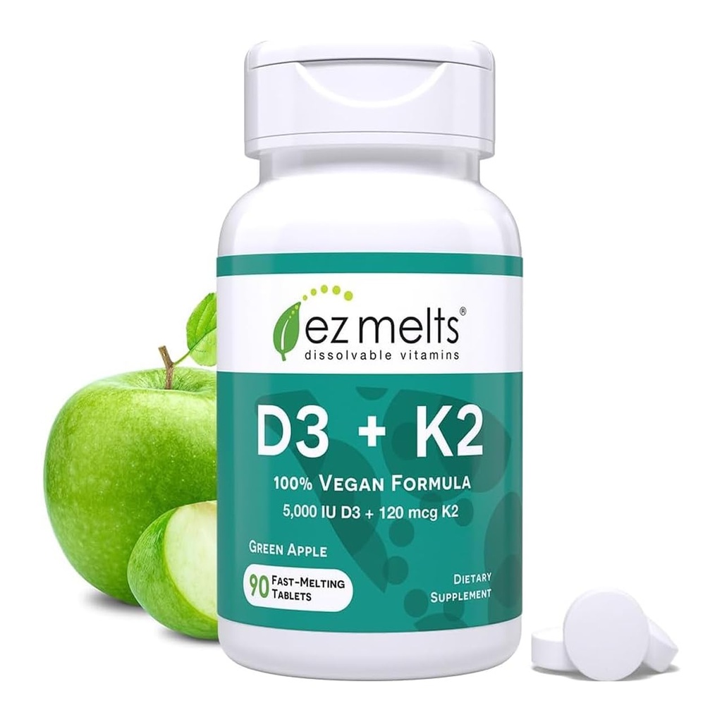 EZ smelter opløselige Vegan Vitamin D3 + K2 5.000 IE - Bone & Heart Health Support - Immunfunktion Support - Ingen kunstige flavors - Non- GMO - Green Apple - 90 opløselige tabletter (90 Servere)
