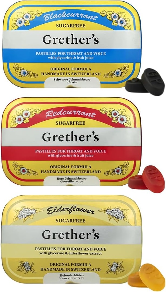 GRETHER 'S Sugarfree Patter Solbær, Elderflower & Rødkrans - Gave til sangere - Naturlig restey til tørre mund Relief - 2.1 oz (Pack of 3)