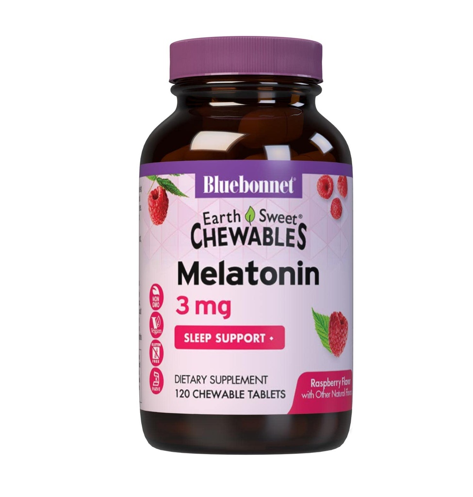 Bluebonnet Nutrition EarthSweet Melatonin 3 mg Hurtigvirkende hurtig opløsning Nighttime Afslapning & Restable Sleep Support - Sleep Aid - Gluten- Free, Vegan - Raspberry Flavor - 120 tyggetabletter