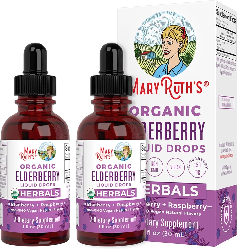 Elderberry Syrup Mex124; USDA Organic Elderberry Mex124; Sugar Free Voksne & Kids Immunsupport Supplement for Age 1 + Mex124; Clean Label Project Verified, Vegan, Non- GMO, Gluten Free Mex124; 1 Fl Oz (2 Pack)