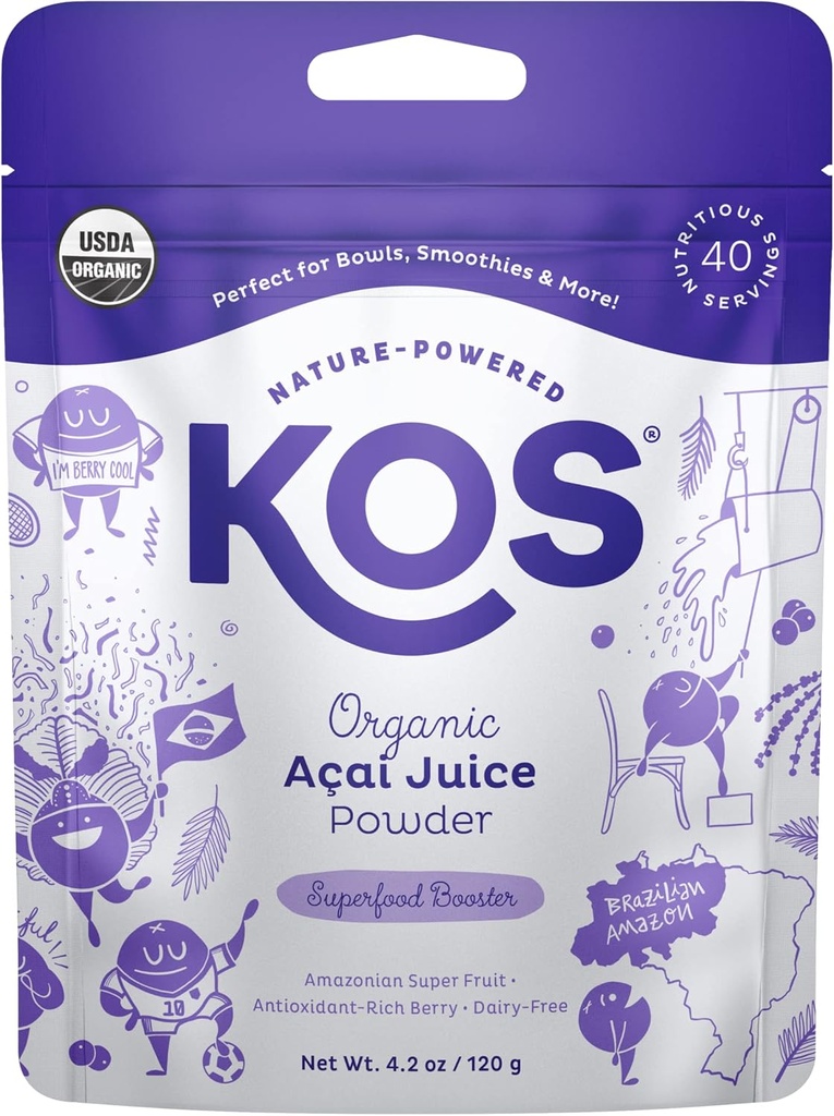 KOS USDA Organic Acai Powder, Usødet Superfood - Natural Antioxidant, Acai Berry til smoothies og skåle - Polyphenol Abundant, Gluten- Free, Non- GMO, Klima Friendly resealable Bag, 40 Servere