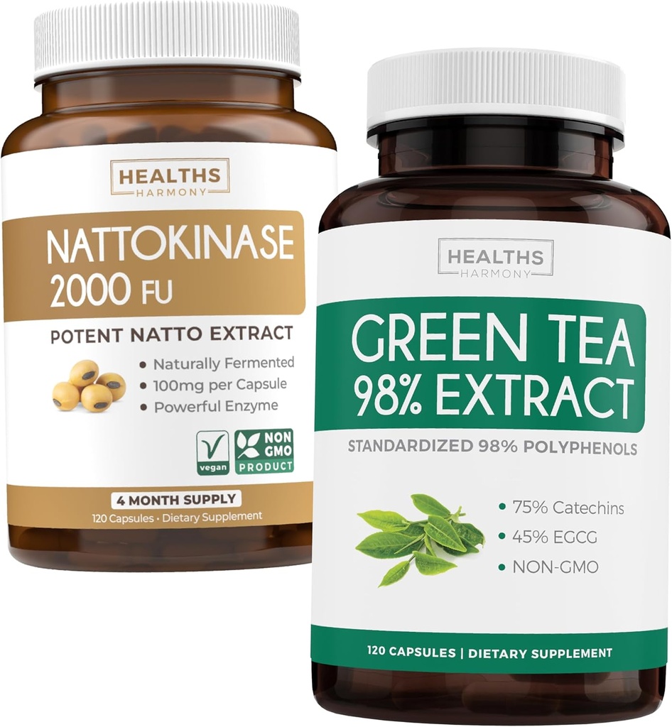 Natokinase & grøn te (2-måned Tilgang) Grøn Vitality Boost - Natokinase 2000 FU Kraftig naturligt gæret Soybeans -120 Caps & grøn te Uddrag 98% med EGCG (non-GMO) Natural Metabolisme Boost