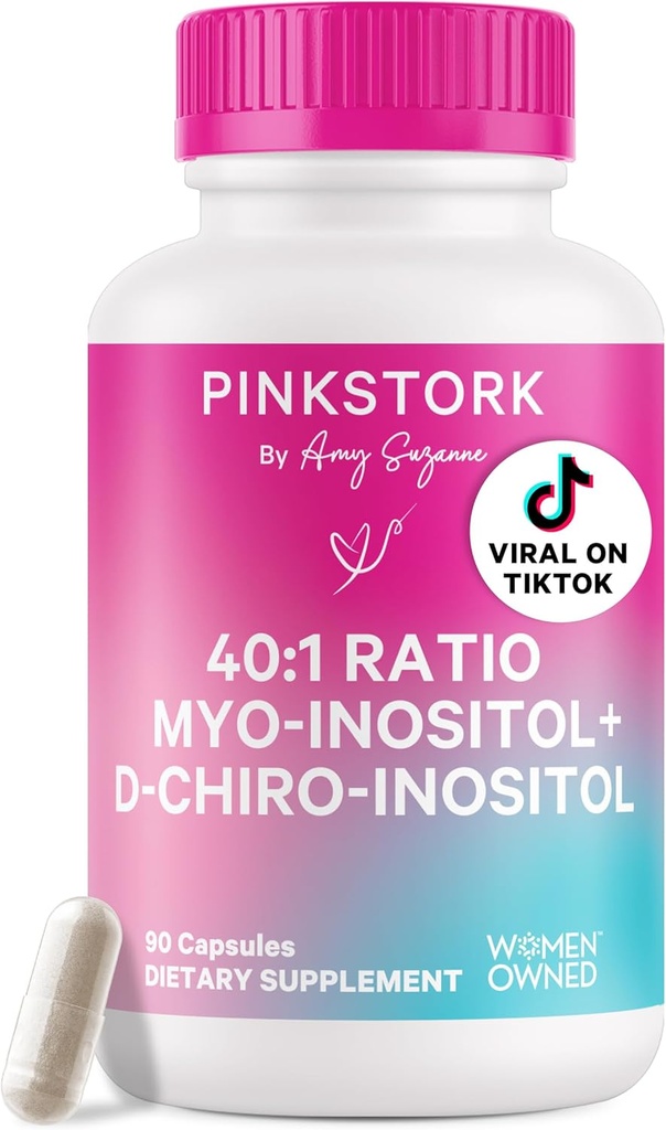 Pink Stork Inositol Supplement for kvinder - 40: 1 Myo-Inositol & D-Chiro Inositol - Hormone Balance, Fertilitet & Ovarial Support - Cykelregularitet & Metabolic Wellness, 30 Serveringer