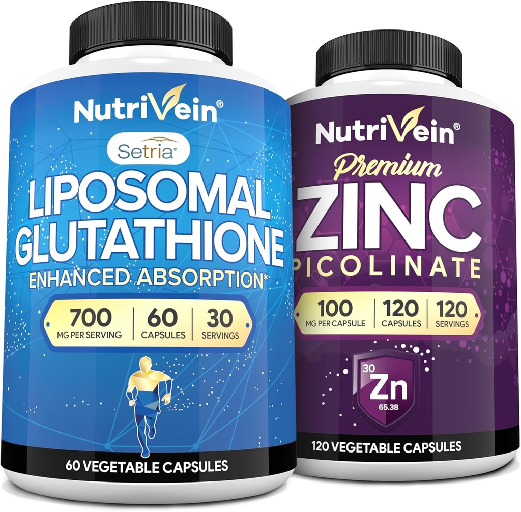 Nutrivein Premium Zinc Picolinate & Liposomal Glutathione Supplement Bundle: High-Absorption Glutathione Liposomal Supplement & Zinc Supplements for Men & Women - Immunity, Digestion, Detox, & Repair