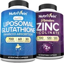 Nutrivein Premium Zink Picolinat & Liposomal Glutathion Supplement Bundle: High- Absorption Glutathione Liposomal Supplement & Zink Kosttilskud til mænd og kvinder - Immunitet, fordøjelse, afvænning, & Reparation