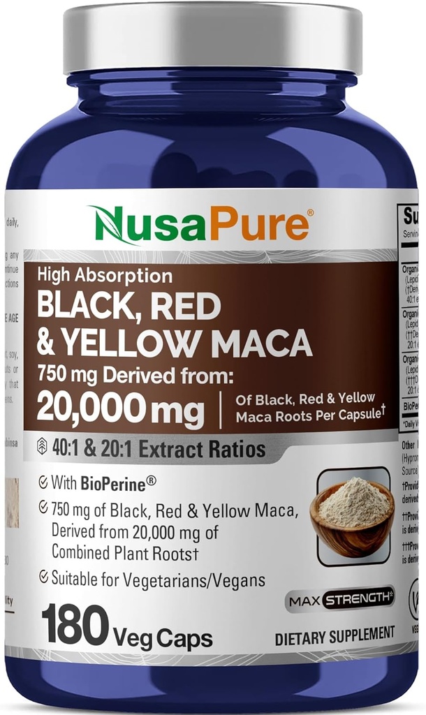 NusaPure Maca Root Black, Red, Yellow 20,000mg - 180 Vegankapsler (Vegan, Non- GMO, Gluten Free) Bioperine