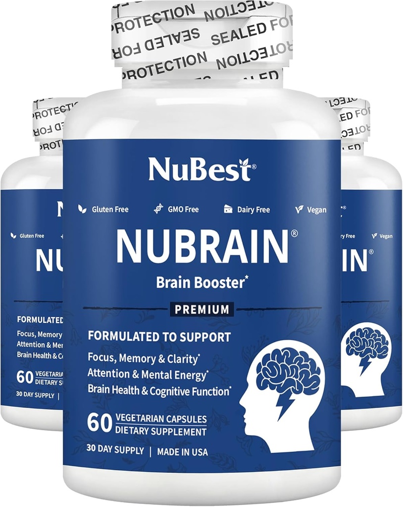 NuBrain - Advanced Brain Booster - Forbedre hukommelse, fokus og klarhed med B6-vitamin, Ginkgo Biloba, Bacopa Monnieri & mere - Brain Supplement for mænd og kvinder - 3 Pack B6 124; 3 Months Supply