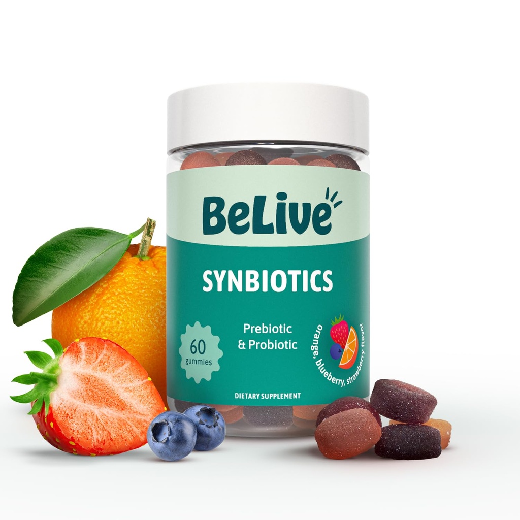 BeLive Synbiotika - Probiotisk & Prebiotic Fiber Gummies - High Strength Inulin (3g), Kostfibre tillæg, fordøjelsesstøtte til børn & voksne - Jordbær, Lemon, Blåbær Flavor (60Ct)
