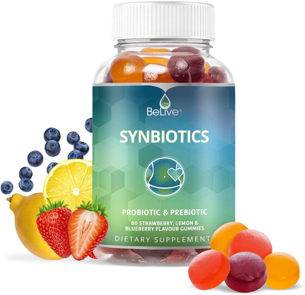 BeLive Synbiotika - Probiotisk & Prebiotic Fiber Gummies - High Strength Inulin (3g), Kostfibre tillæg, fordøjelsesstøtte til børn & voksne - Jordbær, Lemon, Blåbær Flavor (60Ct)