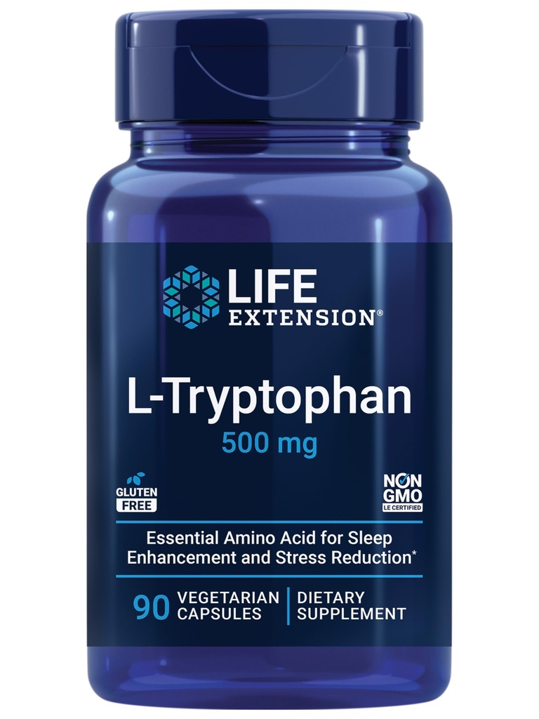 Life Extension L- Tryptophan, 500 mg, fremmer sunde serotoninniveauer og fremmer sund søvn, Mood, Stress Response & Satiety, Gluten- Free, Non- GMO, Vegetar, 90 Kapsler