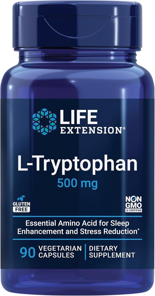 Life Extension L- Tryptophan, 500 mg, fremmer sunde serotoninniveauer og fremmer sund søvn, Mood, Stress Response & Satiety, Gluten- Free, Non- GMO, Vegetar, 90 Kapsler