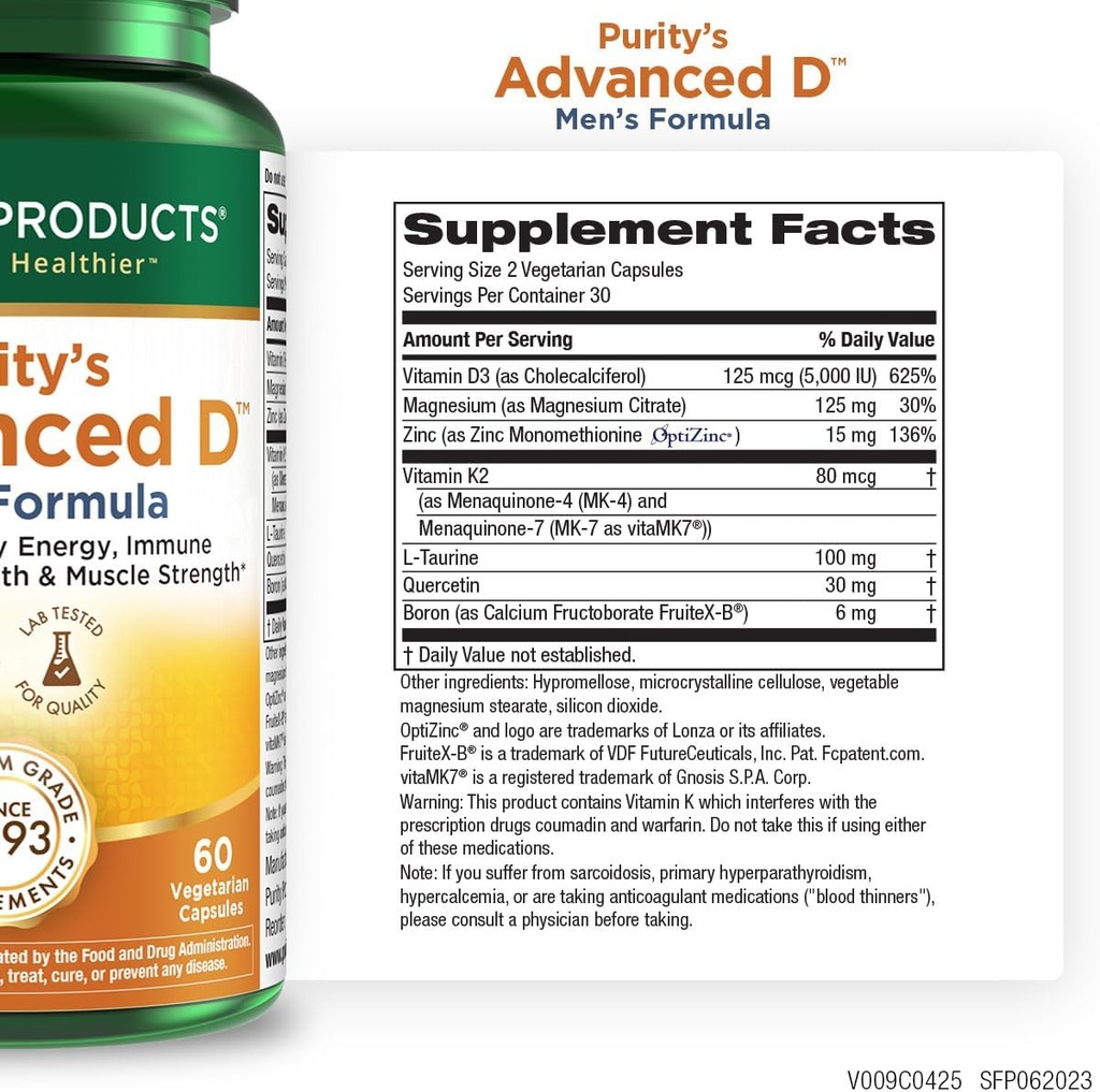 Purity Products Dr. Cannell's Advanced Vitamin D Men's Formula Packed with Vitamin D, Vitamin K2, Zinc, Magnesium Citrate, Boron and Taurine - 60 Vegetarian Capsules