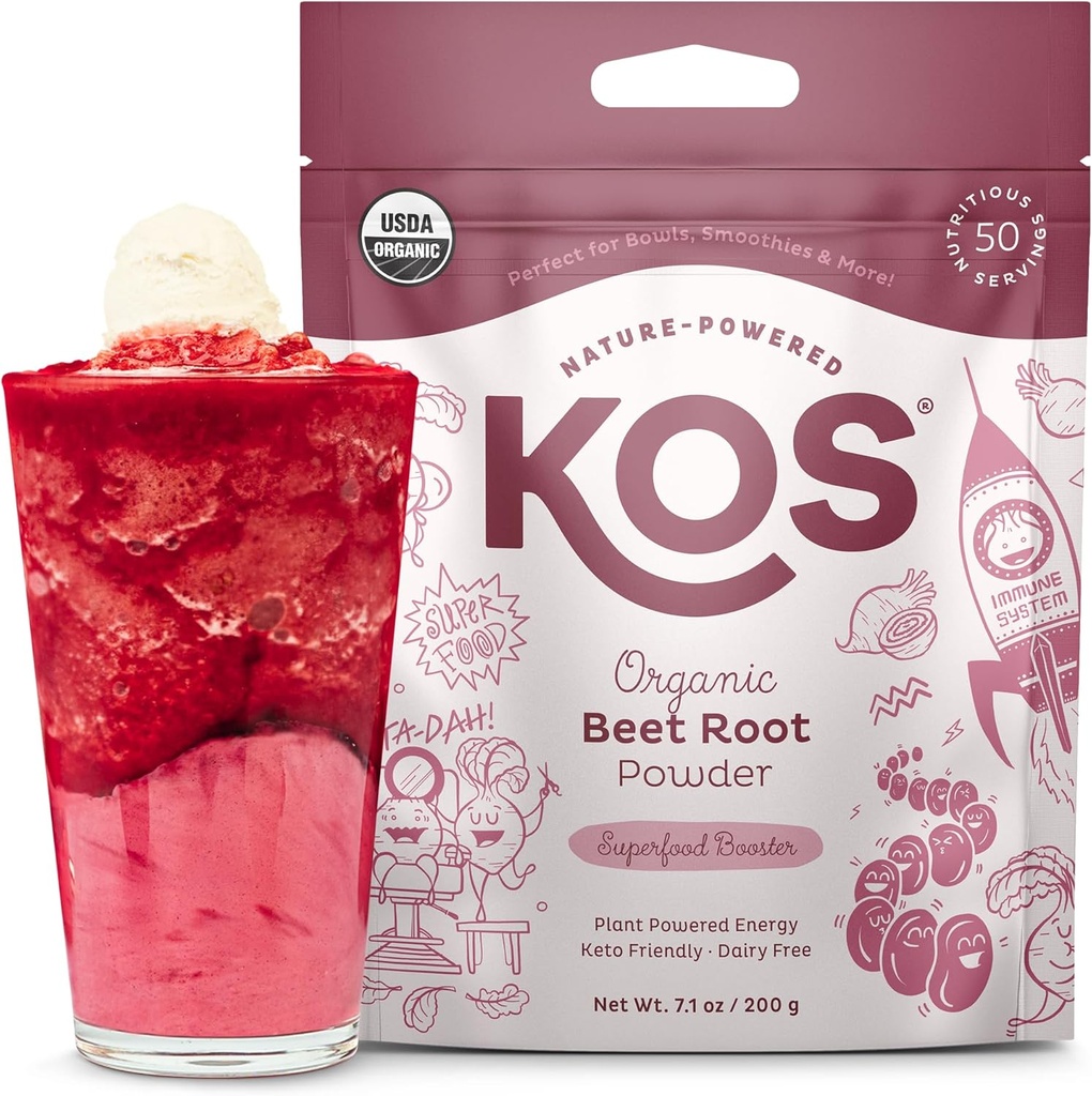 KOS Organic Beet Root Powder, USDA Certified - Superfood Plant Based Beetroot Ingredient for Stamina Stigende, Cirkulation - Non- GMO, Soy & Gluten- Free, 50 Serveringspose