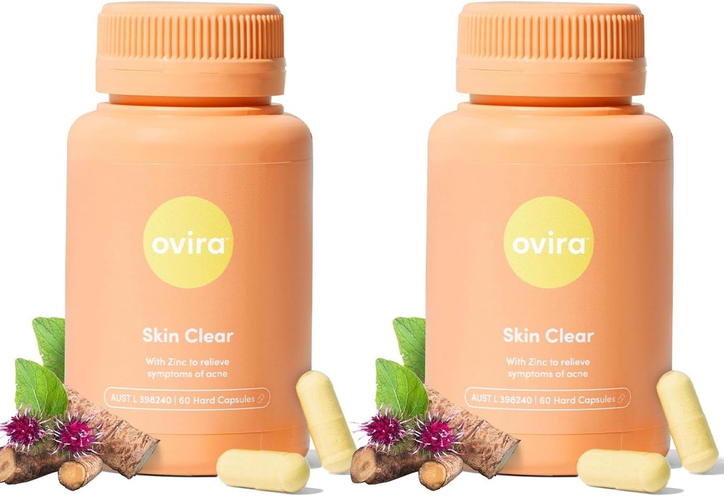 Ovira Skin Clear med ZINCBRITY - 60 kapsler til klar og glødende hud Budd124; Rosacea & Hormonal Acne Behandling Budd124; Support Collagen Production Budd124; Acne Kosttilskud til kvinder & Mænd - pakke med 2
