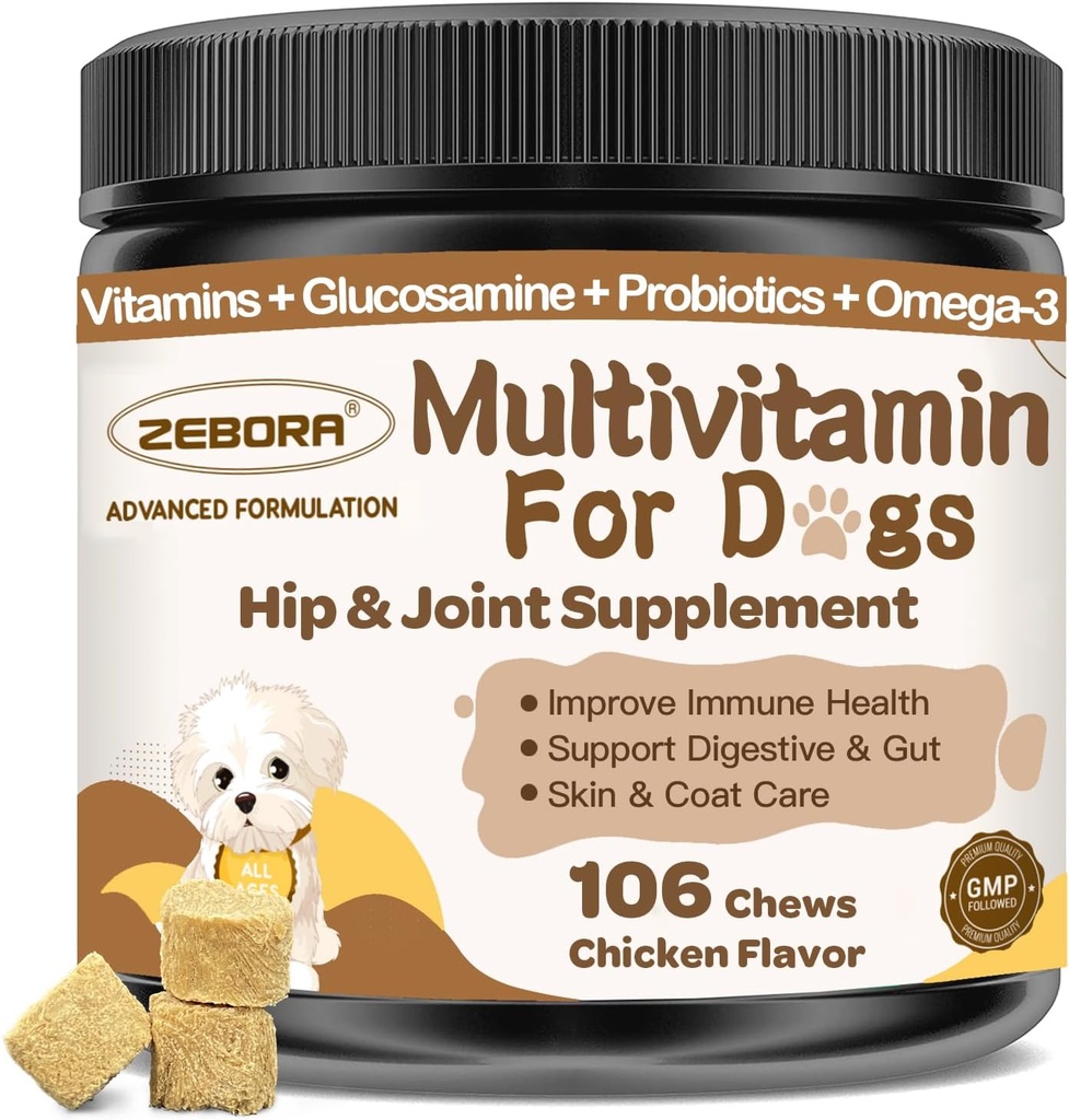 Hund Multivitamin med mineraler for den samlede sundhed - Hund vitaminer og kosttilskud med Glucosamin, Probiotika til hvalpe og ældre hunde med mineraler - Omega 3 Fish Oil for hud & Coat - 106 Tyg