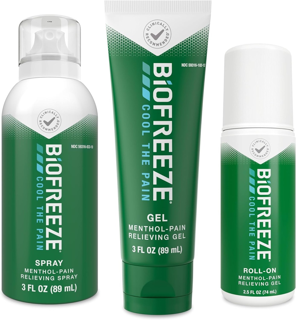 Biofreeze Smerte Relief Roll -On 2.5 FL OZ, Gel 3 FL OZ, Og Spray 3 FL OZ Variety Pack Topical Pain Reliever For Muskler og Joints From Gigt, Backache, Sprains, Bruises (Pakke Maj Vary)