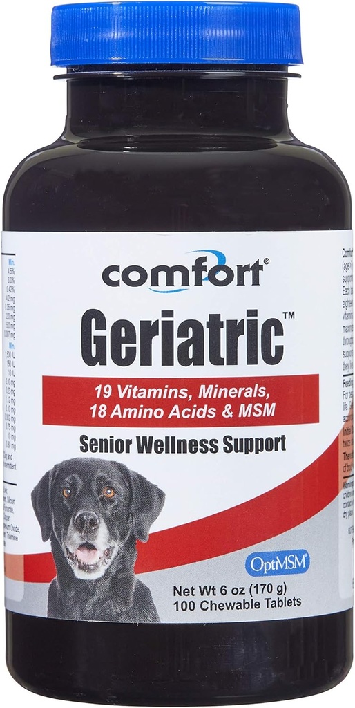 COMFORT Geriatrisk supplement til hunde, 100 Greve, Indeholder MSM, Superoxid Dismutase, Ester- C, 19 Vitamin og mineraler & 18 Aminosyrer, Lavet i USA