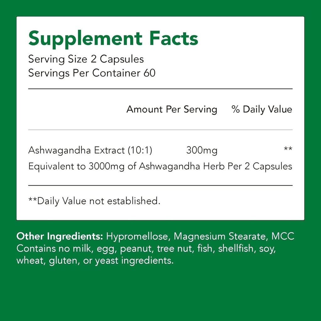 Økologisk Ashwagandha Kosttilskud 124; 150 mg ekstrakt = 1500mg af Herb (1 flaske-120 Capsules- 2mo Supply) 124; Understøtter Stress Relief, immunforsvar, & Energy Name 124; Non- GMO & Gluten Free