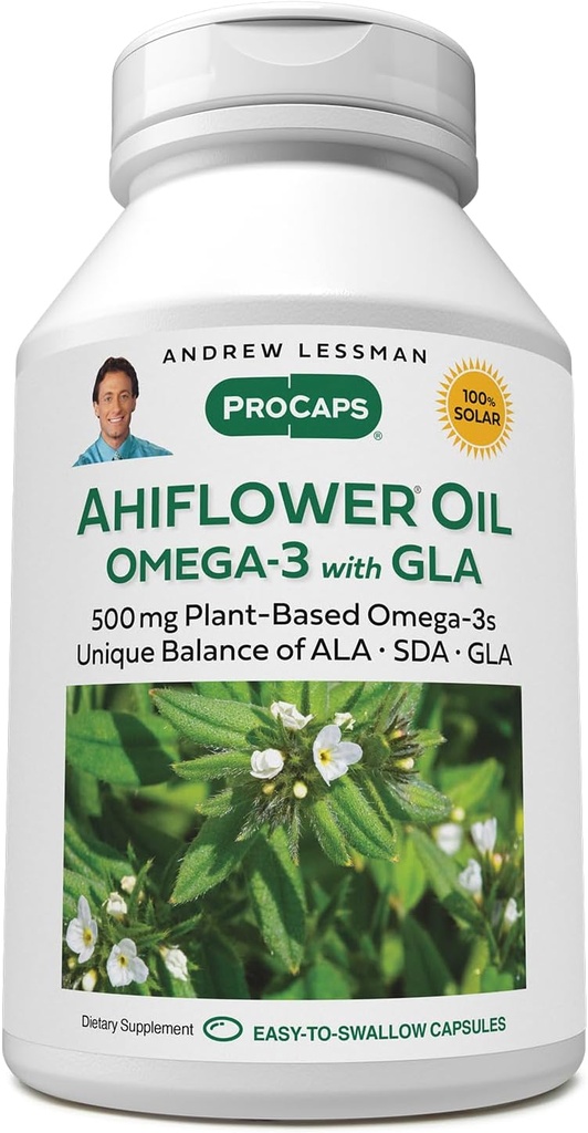 ANDREW LESSMAN Ahiflower Omega-3 med GLA - 240 Softgels - Uniquely Balanced, Plant- baseret kilde til essentielle Omega-3 fedtsyrer. Ingen stomach-upset, giftstoffer eller kviksølv. Let at synke