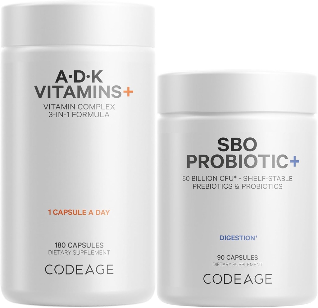 Kodeage Daily ADK Vitamin & Probiotic Bundle - Vitamin A Retinyl Palmitat, Vitamin D3 Cholecalciferol, Vitamin K, 50 Millioner CFU SBO Probiotic Blend, Non- GMO