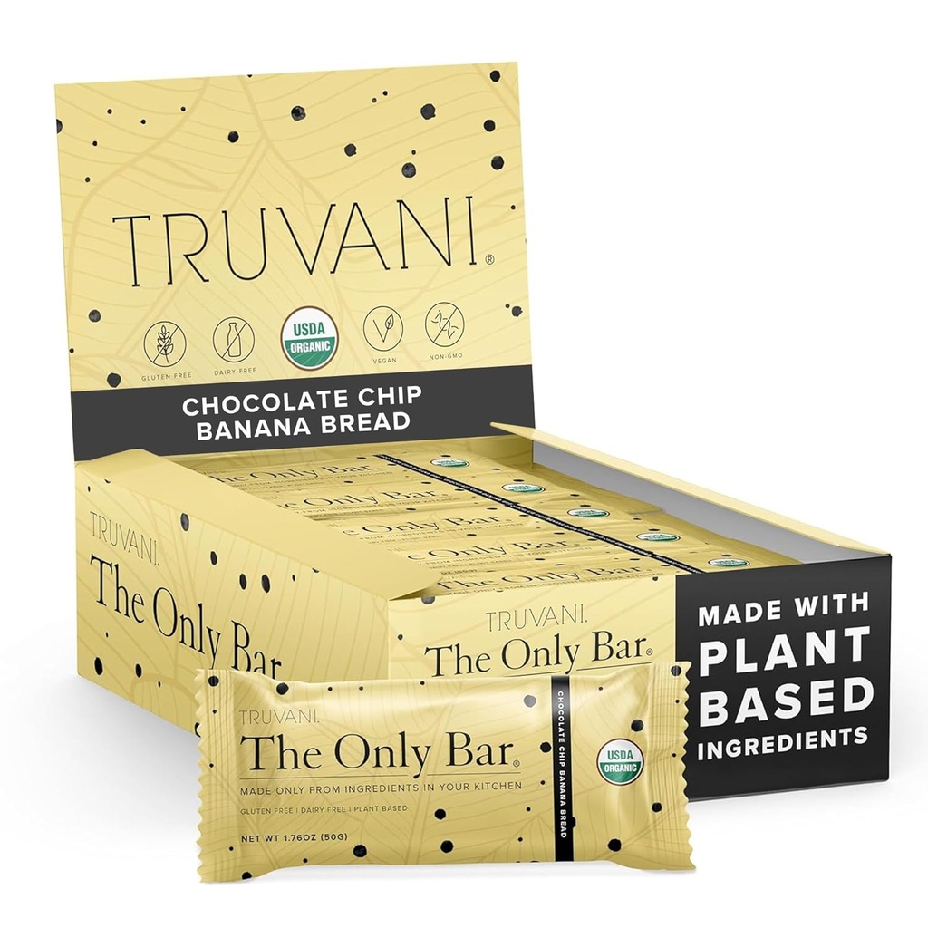 Truvani Plant Based Snack Bars 124; Chokolade Chip Banana Brød 12 Pack Shup 124; 5g Protein Shup 124; USDA Organic and Vegan Shape 124; Den eneste Bar Shape 124; Dairy, Soy, og Gluten Free Shape 124; Individuelt indpakket