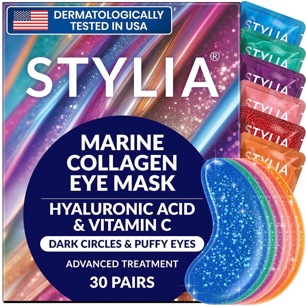 Stylia Collagen & C-vitamin under øjenplastre til Puffy Eyes & Dark Circles - Nedpumpning, Hydrating & Firming Under Eye Mask med Hyaluronsyre - Vegan, Cruelty- Free Skincare (30 par)