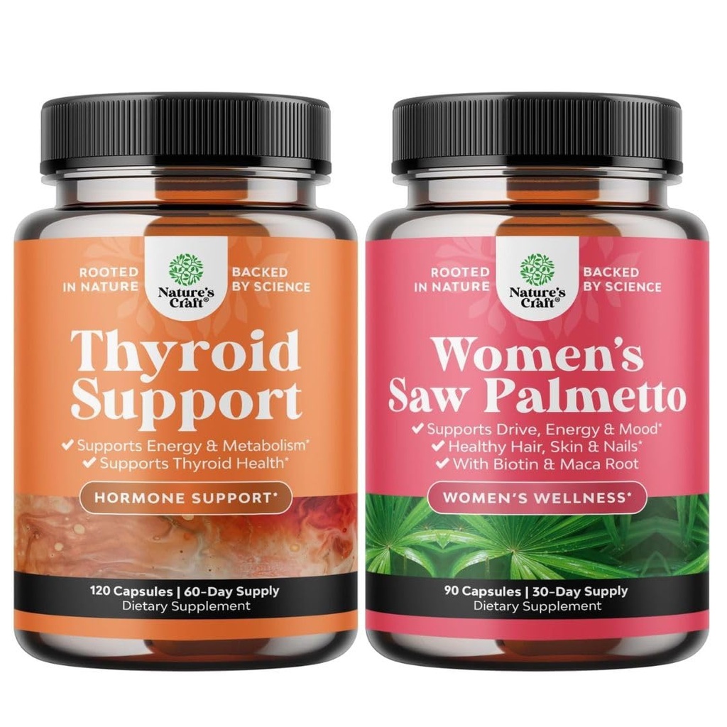Bundle af Herbal Adrenal og Thyroid Support Complex - Mood Enhancer Energy Supplement for Thyroid sundhed og ekstra styrke Saw Palmetto for kvinder for stærkere Thicker Healthier Looking Hår