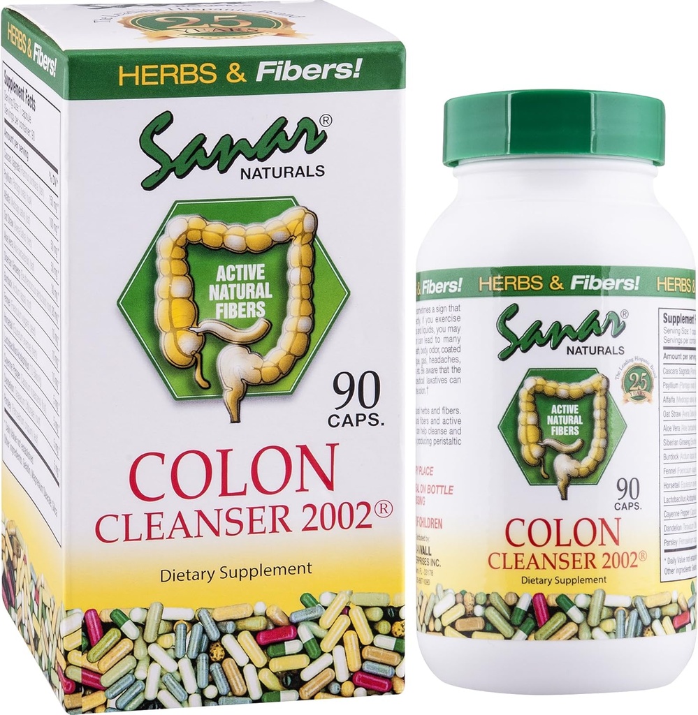 Sanar Naturals Colon Cleanser 2002 - Fiber Supplement, Weight Management Detox og Gut Sundhed for kvinder og mænd - GLP-1 Support - Psyllium Husk Powder, Cascara Sagrada, 90 Kapsler
