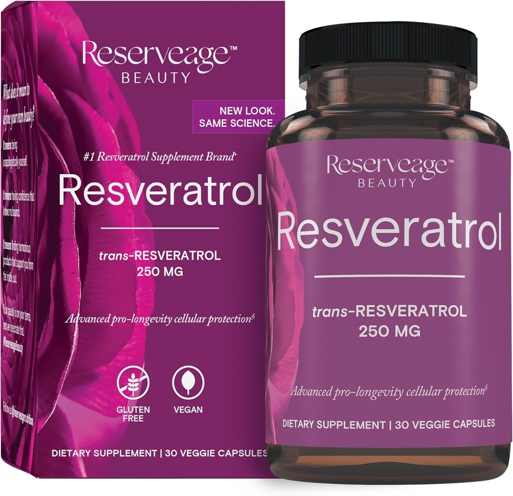 Reserveage Skønhed, Resveratrol 250 mg, Antioxidant supplement til hjerte og cellulær sundhed, understøtter sund aldring og immunsystem, Paleo, Keto, 30 kapsler