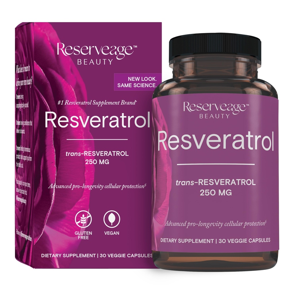 Reserveage Skønhed, Resveratrol 250 mg, Antioxidant supplement til hjerte og cellulær sundhed, understøtter sund aldring og immunsystem, Paleo, Keto, 30 kapsler