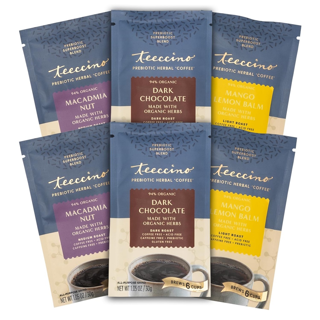 Teeccino Prebiotic SuperBoost ™ Herbal Coffee Sampler - 6 Trial- Size Packets - Dark Chocolate, Mango Lemon Balm, Macadamia Nut - Prebiotic, Kaffefri, Ground Coffee Alternatives for Good Gut Health