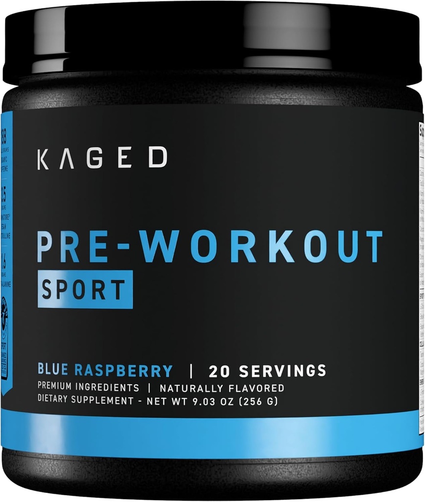 Kaged Sport Pre Workout Pulver til mænd og kvinder, Blå Razz, Sport Certified, 188mg Koffein, Nitrogenoxid tillæg, Beta-alanin til energi, Vægtløftning, Cardio Endurance & Styrke, 20 Serveringer