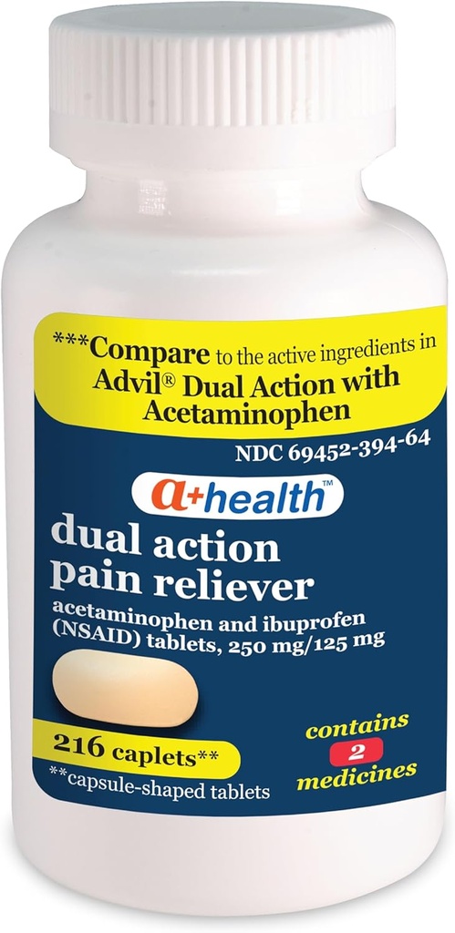 A + Health Dual Action Acetaminophen 250 mg og Ibuprofen (NSAID) 125mg Pain Reliever Caplets, 216 Count