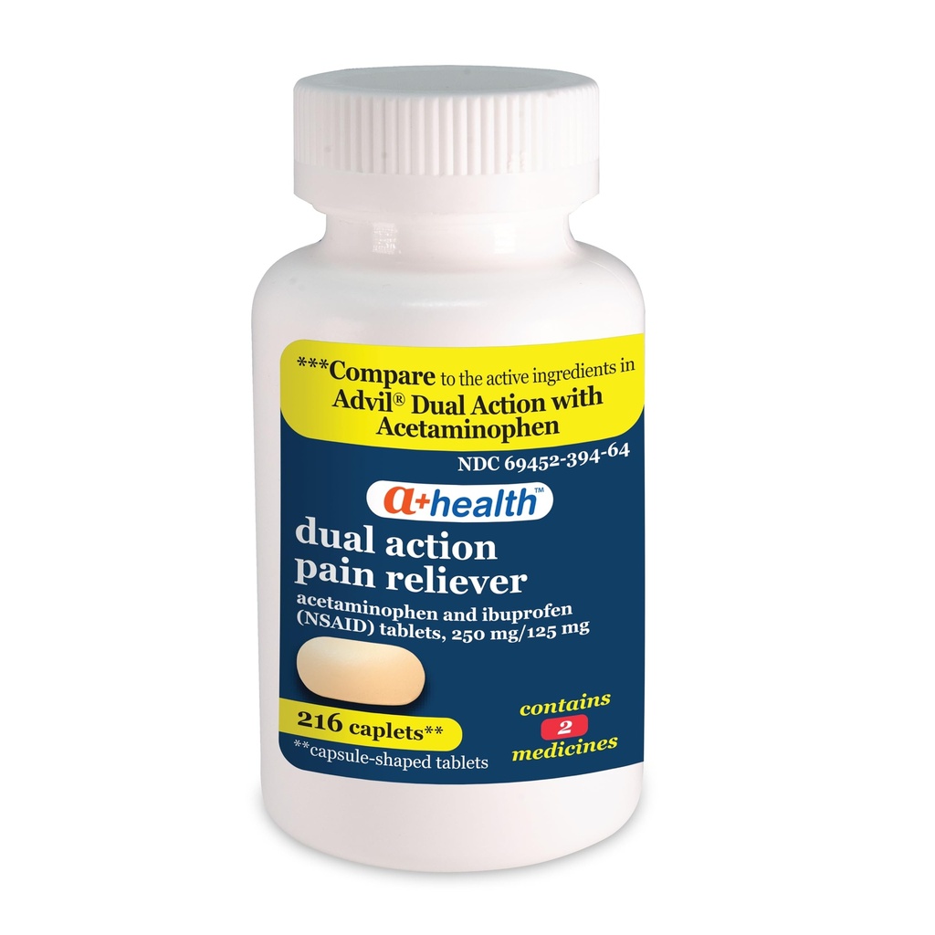 A + Health Dual Action Acetaminophen 250 mg og Ibuprofen (NSAID) 125mg Pain Reliever Caplets, 216 Count