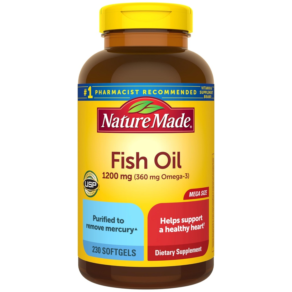 Nature Made Fish Oil Omega 3 Kosttilskud, 1200 mg Softgels, Omega 3 Fish Oil for Sund Heart Support, 230 Softgels, 115 Day Supply