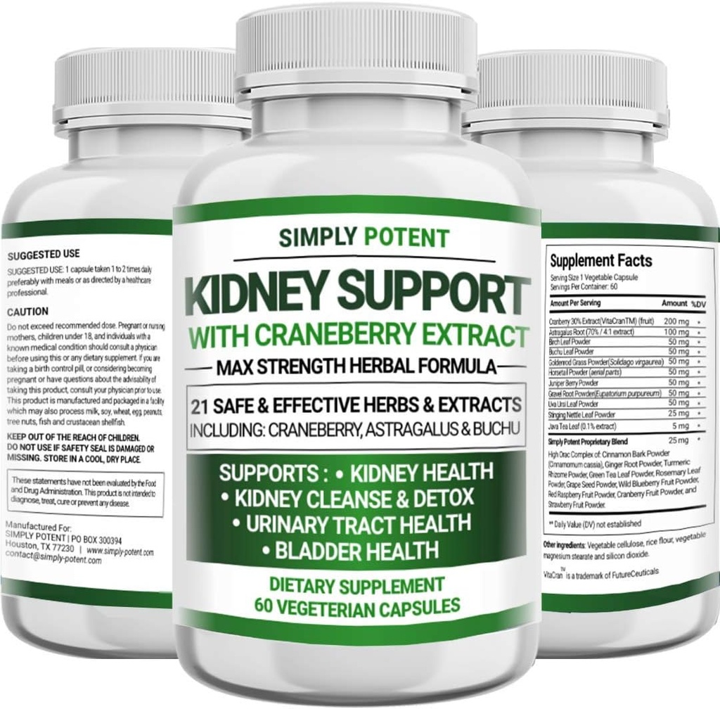 Nyre Support, Nyre Rengøring Detox & Reparation Formel til Nyre Sundhed & Gendanne, 705mg piller med 21 urter - Tranebær Astragalus & Juniper til Blogen & Urinary Tract Sundhed, 60 Kapsler