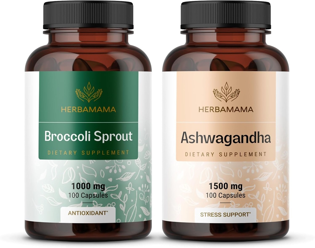 HERBAMAMA Broccoli Spraut og Ashwagandha Root Kit - Bundle of 1000 mg Broccoli Spraut & 1500 mg Ashwagandha Root Capsules - Vegan, Non- GMO, Sugar & Gelatin- Free - 2 Pack