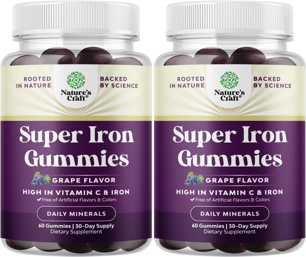 Ekstra styrke jern gummier for kvinder og mænd - Potent 45mg per servering Chewable Jern supplement til kvinder & mænd med C-vitamin højere Absorption - Vegansk daglig vingummi voksne (60 Servering)