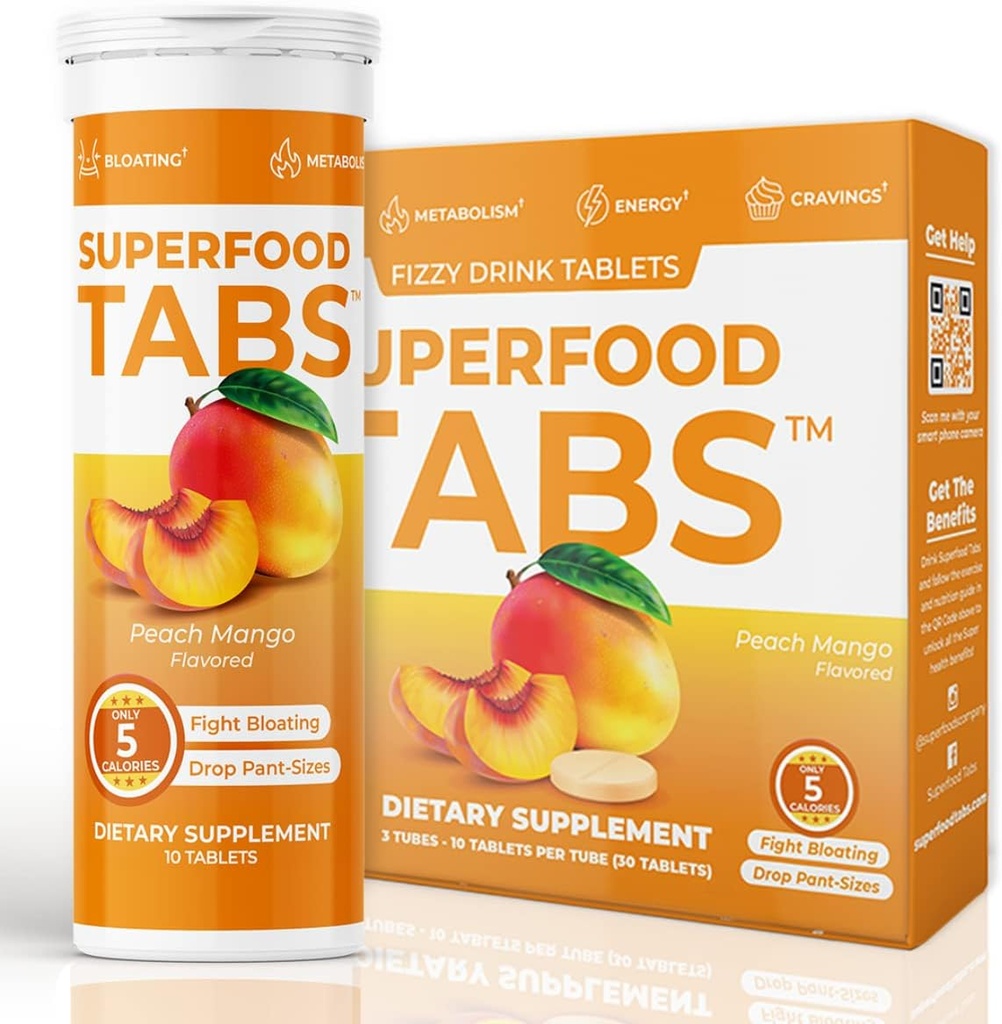 Superfood Tabs skinnytabs Anti-Bloat Cleanse Drink with 15 Superfoods | Supports Digestion, Energy & Cravings | Vegan, Non-GMO | 30 Effervescent Tabs – Peach Mango Flavor