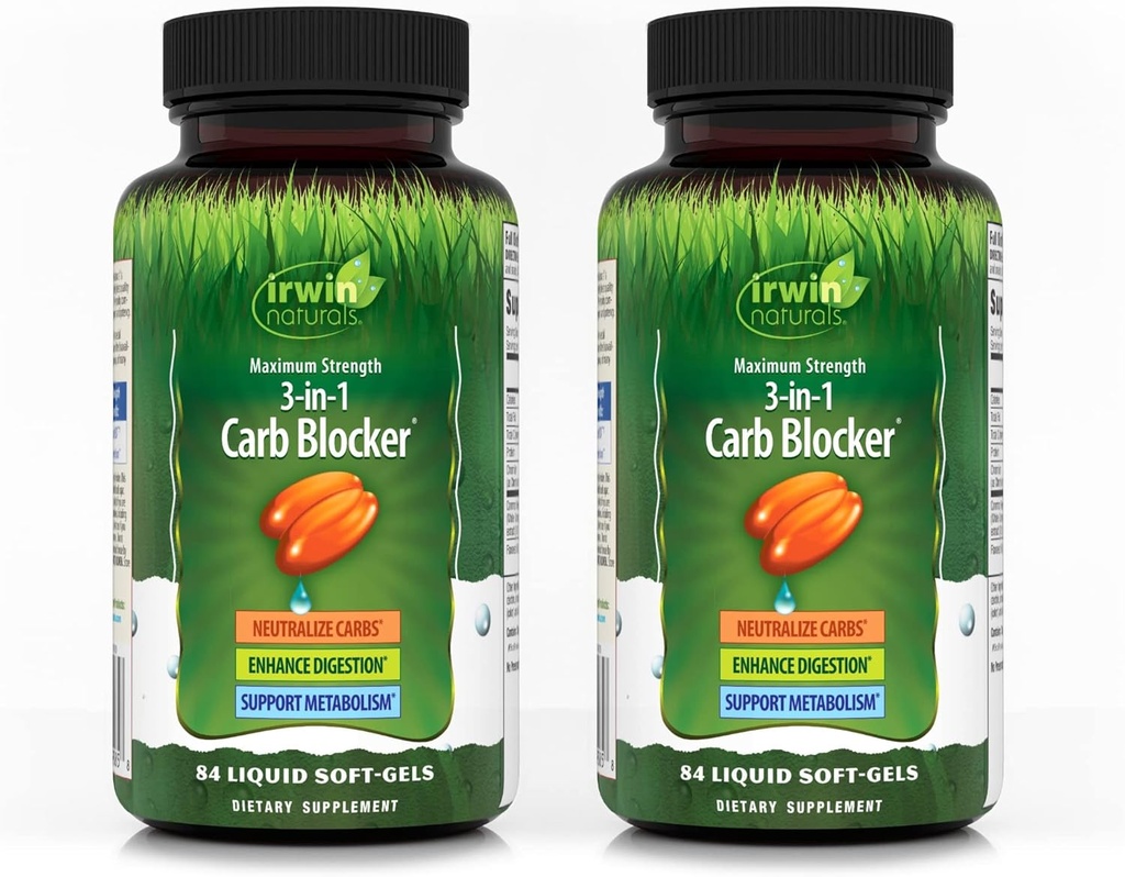 Irwin Naturals Maksimum Styrke 3- in-1 Carb Blocker - 84 Flydende Soft- Gels, pakke af 2 - Neutralisere Kulhydrater - 84 Total Servering