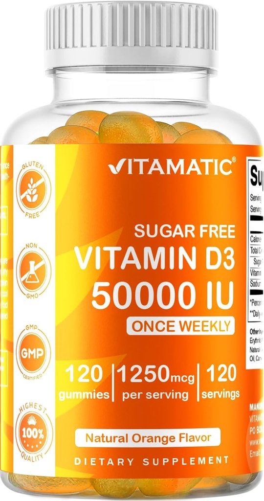 Vitamatisk sukkerfri vitamin D3 50. 000 IE Ugentligt tillæg - 120 Pectin baserede gummier - Vitamin D kapsler til knogler, tænder og immunforsvar (50000 IE)